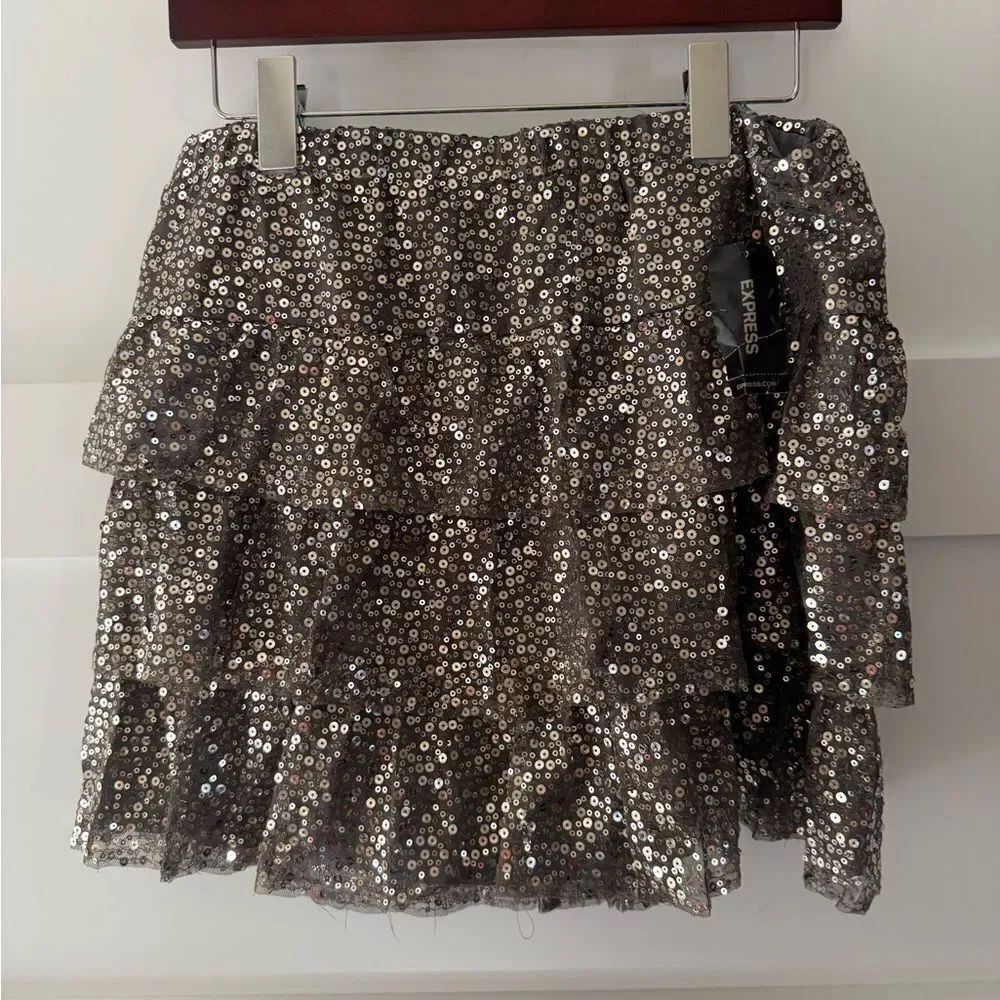 Express sequin silver tiered skirt